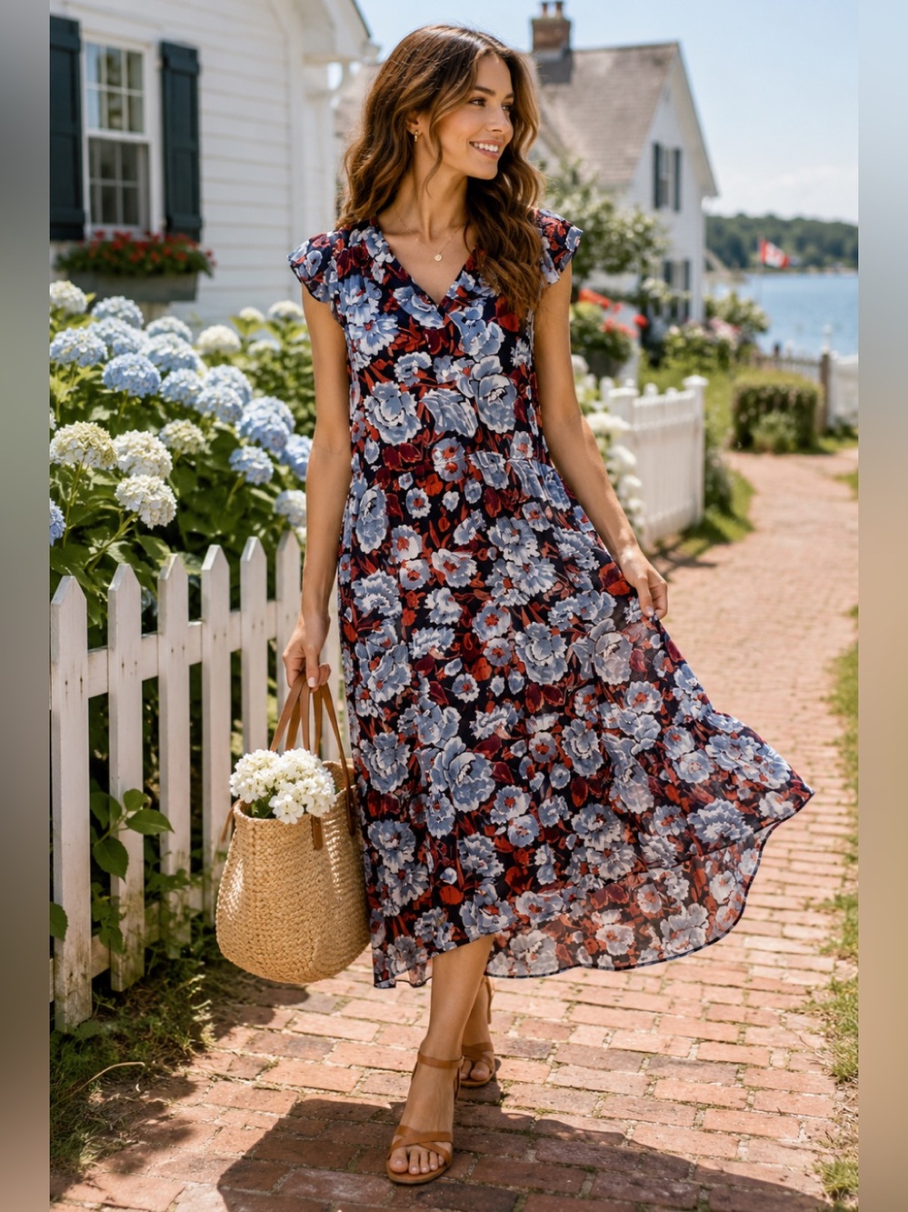 Joe Fresh Blue Red Floral Midi Dress Cottagecore Flutter Sleeve Vacation S